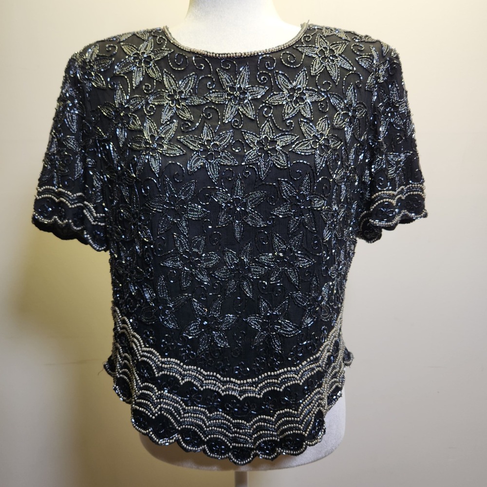 Vtg Papell Boutique 100% Black Silk Embellished Blouse Glass Beads Pearls M/L